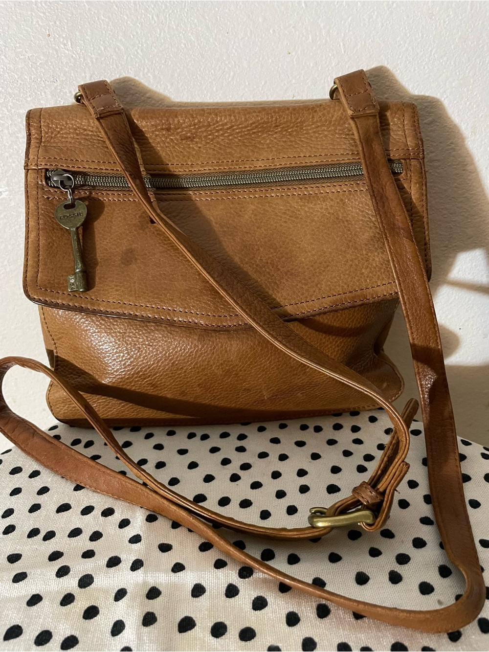Fossil Tan Leather Crossbody with Key Charm